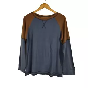 Unbranded Blue Brown Color Block Long Sleeve Round Neck Cotton T-Shirt Large - Picture 1 of 8