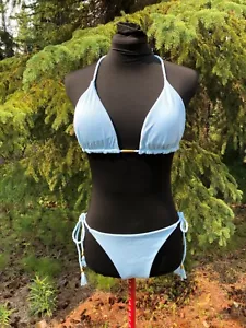 NEW Blue Ribbed Rope Tie Swimsuit Bikini Size L Ruched Cheeky Side Tie Bottom - Picture 1 of 12