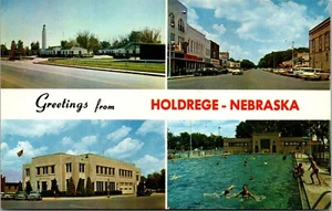 Tarjeta postal de saludos Holdredge NE Tower Lodge Motel vista a la calle principal de colección - Imagen 1 de 2