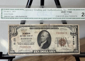10 $ 1929 Type 1 NBN First National Bank of Redfield, SD CH 1825 CGA 25 "Stained" - Bild 1 von 4