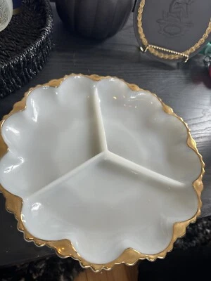 Vintage Ceramic Serving Tray White With Gold Trim Handmade Antique USED - Image 1 of 3