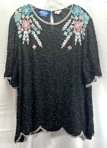 Vintage Black Silk Beaded Blouse Sz XXL - Picture 1 of 10
