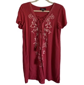 Lulus Damen Kleid rot Mini bestickt Bindeband vorne Swing Kurzarm Gr. M - Bild 1 von 11