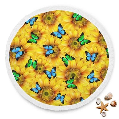 Sunflowers & Butterflies Summer Towel Sun Bathing Beach Mat With Tassel Blanket - Image 1 of 4