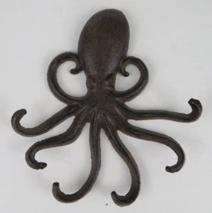 Cast Iron Octopus Wall Hook Holder Rustic Brown Finish 6.5” Nautical Decor - Picture 1 of 4