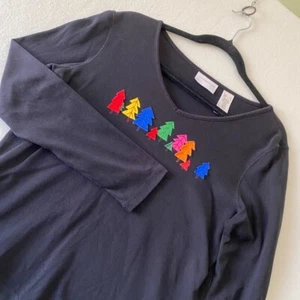 Liz Claiborne Holiday Top Damen Größe Small schwarz Langarm Weihnachtsbäume " - Bild 1 von 9