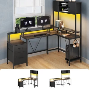 L Shaped Computer Desk with LED Lights,Drawers &Storage Cabinet Home Office Desk - Picture 1 of 32