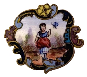 French Pictoral Button-Hand Painted Enamel-Scenic Girl Butterfly-19th C ANTIQUE - Picture 1 of 7
