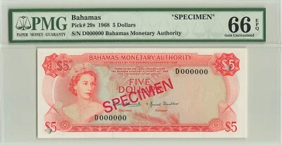 BAHAMAS $5 Dollars 1968, P-29s SPECIMEN, PMG 66 EPQ Gem UNC, Monetary Authority - Image 1 of 2