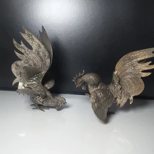 Kampfhahn Versilbert Schwermetall Fighting Roosters 1960er Vintage Kampfhähne - Bild 1 von 7