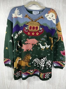 Vintage Northern Isles Noah’s Ark Sweater M Hand Knit Animals Ramie Cotton - Picture 1 of 9