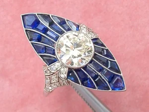Art Deco Style Lab-Created Diamond Sapphire Cocktail Wear Ring 14k White Gold FN - Picture 1 of 10