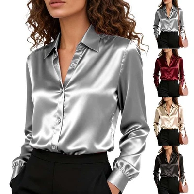 Elegante Blusa de Satén con Botones para Mujer Camisa Manga Larga Sólida Informal Prenda para el torso de Trabajo Foto 1 de 4