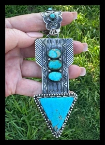 NAVAJO~HUGE~TURQUOISE  ~SS~ARROW HEAD ~PENDANT ~CHARLES JOHNSON - Picture 1 of 9