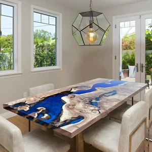 Custom Olive Blue Epoxy River Dining Table Top | Handmade Live Edge Table | Uniq - Picture 1 of 9