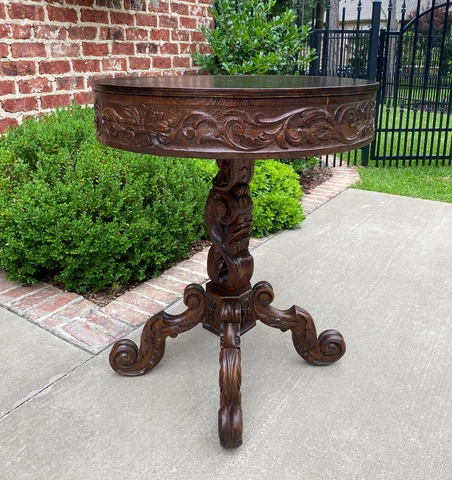 Antique French ROUND Table Entry Center Parlor Table Pedestal Renaissance 19th C Cover