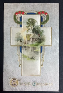 Easter Greetings Embossed Cross Postcard c1910s Winsch Back Textured Scenic View - Picture 1 of 2