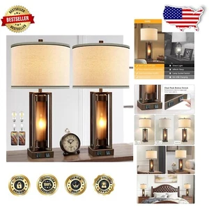 Vintage Rustic Table Lamps for Living Room - USB C+A Ports & LED Bulbs Included - Picture 1 of 10