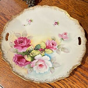 Vintage Hand Painted Plate With Pink Roses & Gold Trim 10” Diameter.