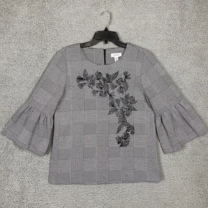 Calvin Klein S Black White Plaid Floral Embroidered 3/4 Flounce Knit Blouse Top - Picture 1 of 12