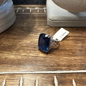 Beautiful Rhodium Over Sterling Genuine Blue Topaz Ring Sz  6