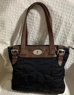 Fossil Key-Per Black Quilted Purse Handbag with Leather Handles - Image 1 of 4