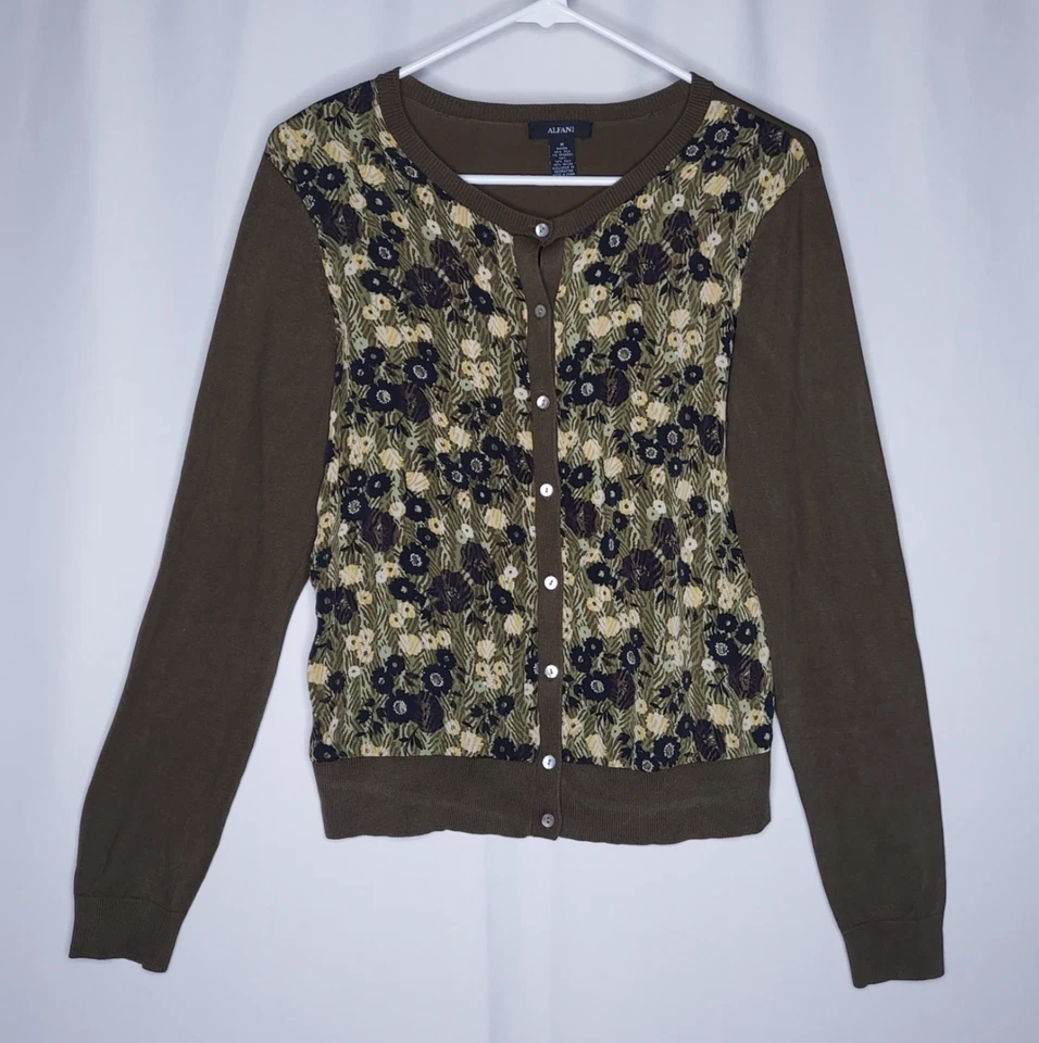 Cárdigan de seda Alfani para mujer mediano oliva floral tejido con botones elástico manga larga Foto 1 de 4