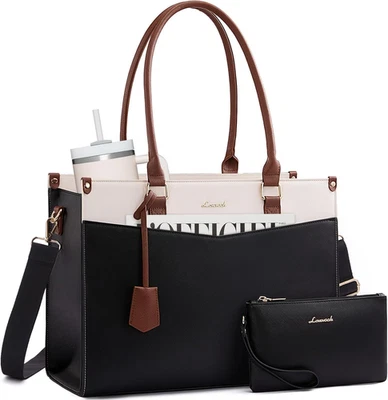 LOVEVOOK Laptop Bag for Women, 2-in-1 Tote Purse 15.6 inch, Black-beige-brown - Image 1 of 4
