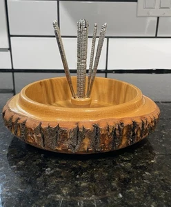 Vtg. MCM Rustic Ware Tree Bark Wooden Nut Bowl w/Cracker and 6 Picks. READ! - Picture 1 of 5