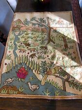 Rare Vintage Hand Embroidered Wool Tapestry, Crewel Art, Folk Art, Animal Themed