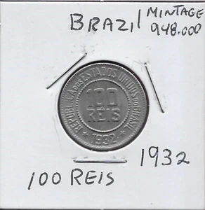 BRAZIL 100 REIS 1932 VALUE INSIDE CENTER OF PEARS (DOTS) COUNTRY NAME BRASIL,Scr - Picture 1 of 2