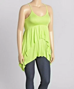 Neu Spaghettiträger limettengrün Lagenlook Haifisch-Biss Saum Tank Top Gr. XL - Bild 1 von 1