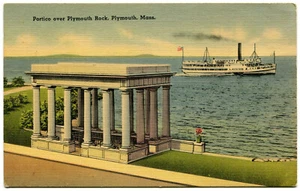Postal de lino - Plymouth, Massachusetts - Pórtico sobre Plymouth Rock - Imagen 1 de 2