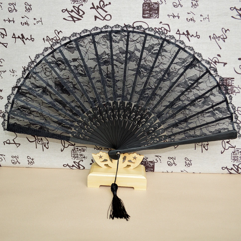 Abanico plegable decorativo de encaje de bambú negro de 9" vintage para dama utilería kimono Foto 1 de 4