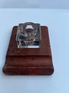 Antique Edwardian Crystal Inkwell Leather holder, 1850s Inkwell, UK Desk Set - Picture 1 of 9