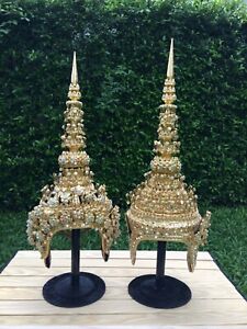 2 x Thai Dance Headdress Gold Crown Chada Ramthai Accessories Male and Female