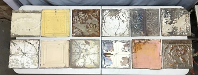 12 Sq ft Antique Shabby Tin Ceiling 12" x 12" Ceiling Tin Panels VTG Old 464-24B - Image 1 of 4