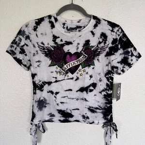 Affliction Y2K Top Womens XS Rhinestone Heart Crop Tee Ruched Tie Sides NEW - Picture 1 of 9