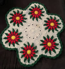 Vintage Christmas Poinsettia Doily Table Topper Hand-Crocheted 25” Diameter