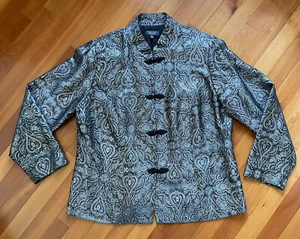 Dressbarn Woman Black Silver Paisley Mandarin Neck Knot Buttons Jacket Sz 16W - Picture 1 of 5