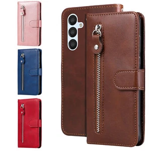 Zipper Leather Flip Wallet Phone Case for Samsung S24 S23 FE A35 A05S A55 A15 - Picture 1 of 17