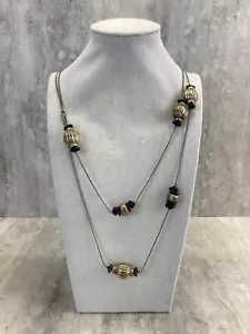 58" Necklace - With Beautiful Beads of Silver/Gold/Red/Blue- 14 K Gold Plate - Picture 1 of 9