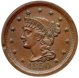 1850 N-15 R-2 ANACS AU 50 Braided Hair Large Cent Coin 1c - Picture 1 of 3