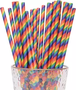 Paper Straws for Drinking, 100 Pack Rainbow Striped Paper Straws for Party Suppl - Picture 1 of 7