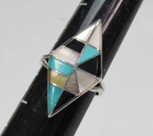 Anillo de plata esterlina nativo americano vintage incrustación turquesa abulón ónix negro - Imagen 1 de 9