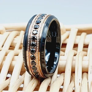 Black CZ Tungsten Eternity Band Two tone Black & Rose Gold Tungsten Wedding Ring - Picture 1 of 7