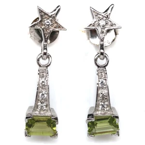 925 Sterling Silver 4 x 6 mm. Green Peridot & White Zircon Earrings - Picture 1 of 4