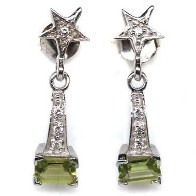925 Sterling Silver 4 x 6 mm. Green Peridot & White Zircon Earrings - Image 1 of 4