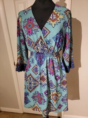 Vestido Judith March Feminino Tamanho M Retrô Azul Geométrico Sudoeste Xadrez Decote V - Imagem 1 de 4