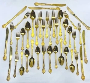 Vintage 39-teiliges Rogers goldfarbenes Edelstahl-Besteckset Blumenmuster - Bild 1 von 8